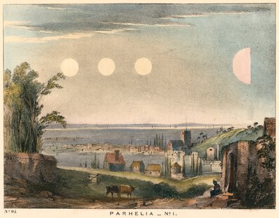 Parhelia imituje słońca bez aureoli, obserwowane w Anglii w 1698, 1845 autorstwa Unbekannt