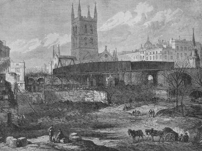 Część terenu szpitala St. Thomass w Southwark jest przepuszczana dla celów kolejowych, ok. 1862 r. autorstwa Unbekannt