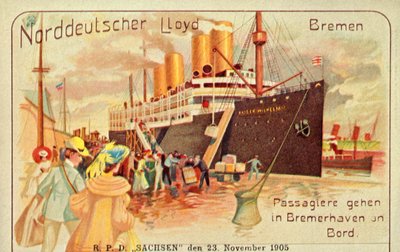 Pasażerowie wsiadają do gigantycznego SS Kaiser Wilhelm II w Bremerhaven, 1905. autorstwa Unbekannt