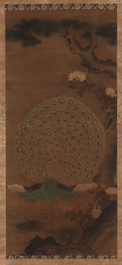 Paw, piwonie i sosna, okres Edo, 1615-1868. autorstwa Unbekannt