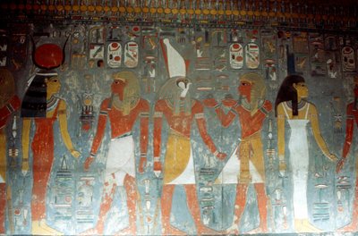 Faraon Horemheb z boginią Izydą i bogiem Horusem, starożytny Egipcjanin, XIV w. p.n.e. autorstwa Unbekannt