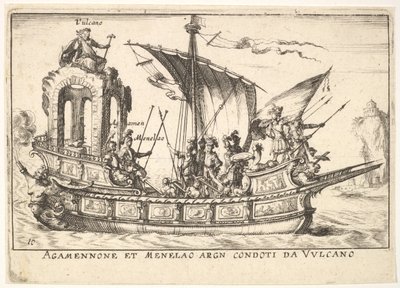 Tablica 10: Agamemnon i Menelaos siedzący w łodzi w towarzystwie innych postaci, w tym V..., 1664. autorstwa Unbekannt