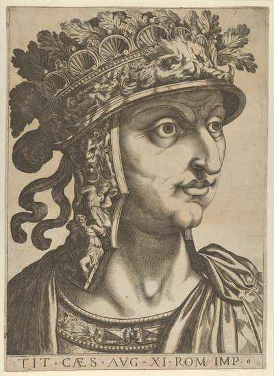 Tablica 11: Tytus Wespazjan patrząc w prawo, z „Dwunastu Cezarów”, 1610-40. autorstwa Unbekannt