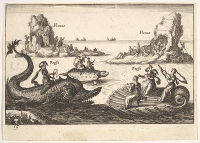 Tablica 15: Rzeki i boginie, z pływającymi wyspami prowadzonymi przez słupowców, figurka kobieca..., 1664. autorstwa Unbekannt
