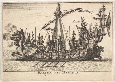 Tablica 1: Statek Herkulesa Barcha del Hercole, z dziobem w kształcie smoczej głowy i Herkulesem na pl..., 1664. autorstwa Unbekannt