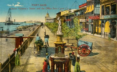 Port-Said - Statua Królowej Wiktorii i Biuro Kanału Sueskiego Co., c1918-c1939. autorstwa Unbekannt