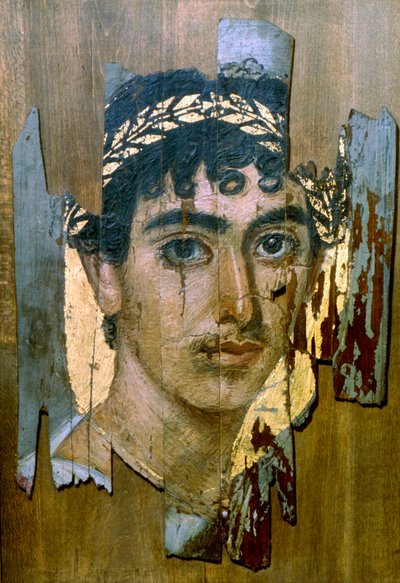 Portret młodzieńca w złotym wieńcu, portret mumii Fajum, rzymsko-egipski, pocz. II w. autorstwa Unbekannt
