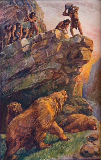 Prehistoryczni ludzie atakujący wielkie niedźwiedzie jaskiniowe, 1907 autorstwa Unbekannt