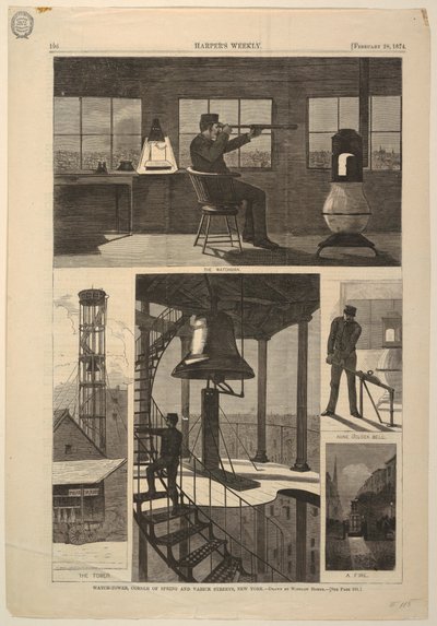 Druk, Watch-tower, Corner of Spring i Varick Streets, Nowy Jork, 28 lutego 1874 r. autorstwa Unbekannt