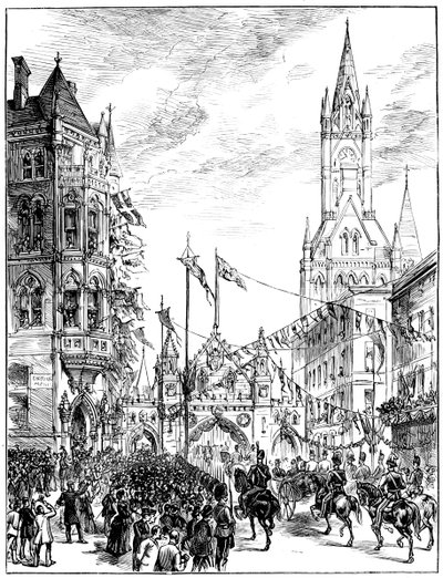 Procesja zbliżająca się do ratusza, Manchester, 1887 autorstwa Unbekannt