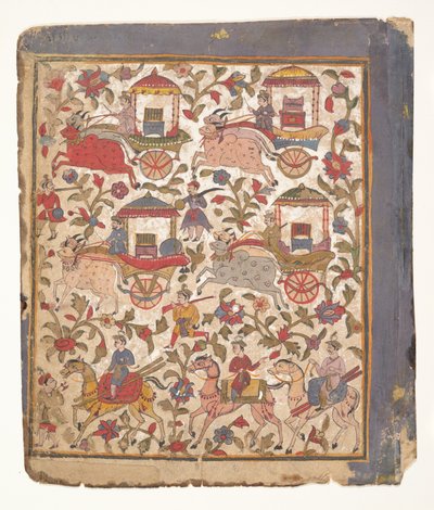 Procesja powozów niosących łup... z rozproszonego rękopisu Bhagavata Purana, ok. 1640-50. autorstwa Unbekannt
