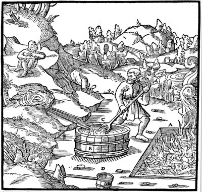 Produkcja soli poprzez odparowanie naturalnej solanki poprzez wsypanie jej do dołu z węglem drzewnym, 1556 autorstwa Unbekannt