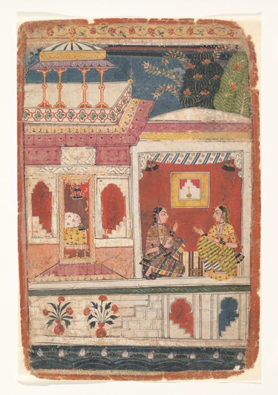 Radha i jej powiernicy siedzą w otwartym pokoju: Strona z rozproszonej Rasikapriyi, ca. 1680-90. autorstwa Unbekannt