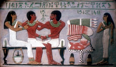 Relief Imn-Hat siedzącego z żoną i synem przed ofiarą, Teby, c2050-c1786 pne autorstwa Unbekannt