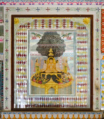 Bogato zdobione dzieła sztuki religijnej w pokoju w XIX-wiecznej rezydencji Patwon ki Haveli, Jaisalmer, Radżastan, Indie (zdjęcie) autorstwa Unbekannt