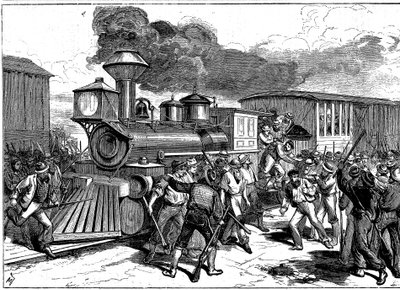Zamieszki robotników kolejowych w Martinsburgu na linii kolejowej Baltimore-Ohio, USA, 1877 r. autorstwa Unbekannt