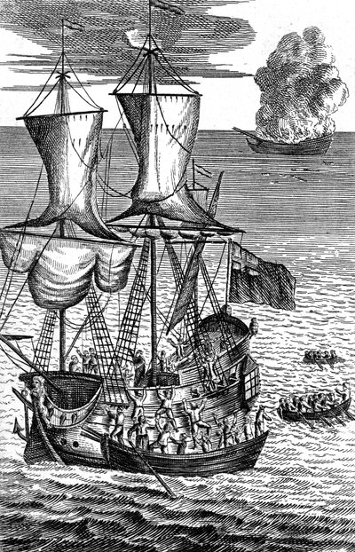 Robinson Crusoe ratuje załogę płonącego statku na morzu, ok. 1719 r. autorstwa Unbekannt