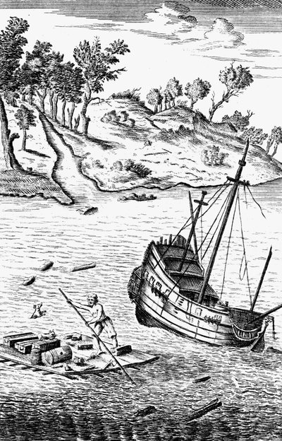 Robinson Crusoe ratuje swoje towary z wraku statku, c1719 autorstwa Unbekannt
