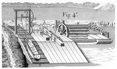 Roller Bridge lub pochylona płaszczyzna do przenoszenia jednostek pływających z jednego poziomu drogi wodnej na drugi,1737 autorstwa Unbekannt