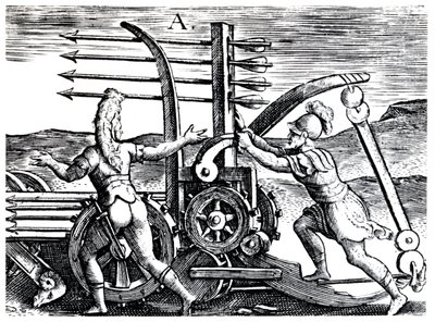 Żołnierze rzymscy używający machiny wojennej strzelający wieloma strzałami, 1605 autorstwa Unbekannt
