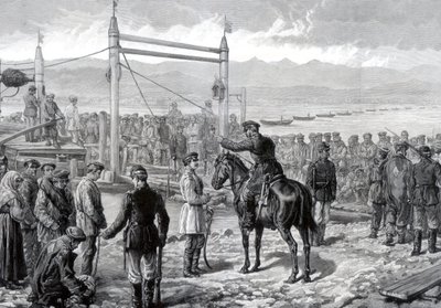 Rosyjscy skazani pod eskortą wojskową czekający na przeprawę przez rzekę Jenisej, Syberia, 1882 r. autorstwa Unbekannt