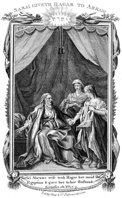 Sara, żona Abrahama, będąc bezpłodna, ofiarowuje mężowi swoją służącą Hagar, ok. 1804 r. autorstwa Unbekannt
