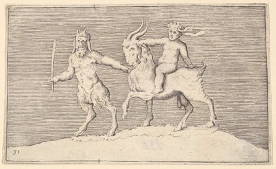 Satyr Leading Goat, na którym jeździ niemowlę, opublikowano 1599-1622. autorstwa Unbekannt
