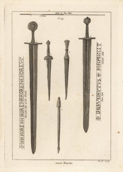 Broń saska: starożytny żelazny miecz 1,2 oraz sztylety i sztylety 3,4 znalezione w rzece Wytham, Lincolnshire oraz bełt z kuszy znaleziony w obozie w Danbury, Essex 5 autorstwa Unbekannt