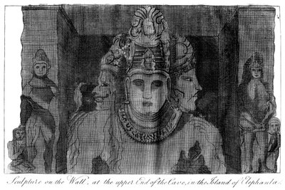 Rzeźba na ścianie w górnym końcu jaskini, wyspa Elephanta, Indie, 1799 autorstwa Unbekannt