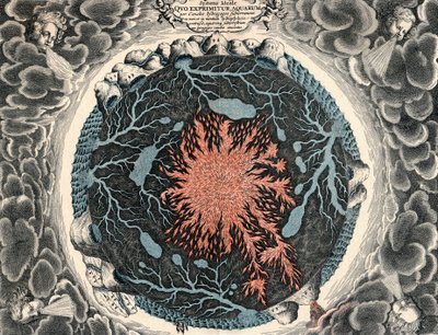 Przekrój Ziemi, ukazujący centralny ogień i podziemne kanały połączone z oceanami, 1665 autorstwa Unbekannt