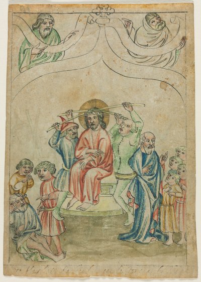 Pojedynczy kartek z Biblia Pauperum: Chrystus dźwigający krzyż verso, ok. 1930. 1410. autorstwa Unbekannt