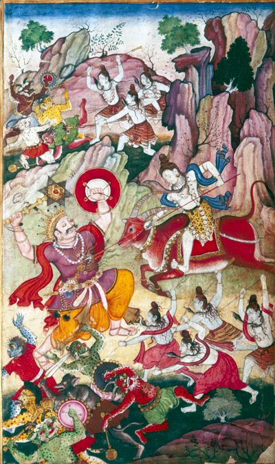 Shiv niszczy demona Andhakę, Manuskrypt Harivamsy, Mogołów, C1590. autorstwa Unbekannt