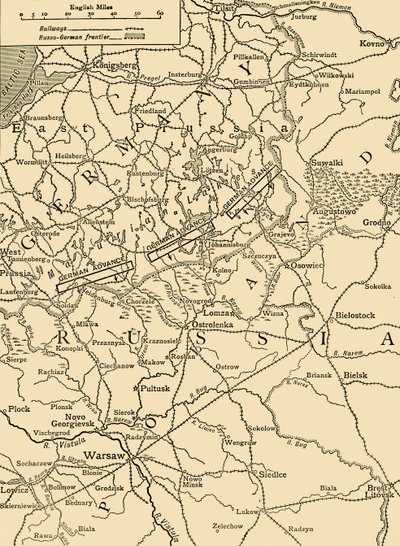 Mapa szkicowa ilustrująca niemiecki atak na północ od Warszawy w lutym 1915 r. ok. 1920 r. autorstwa Unbekannt