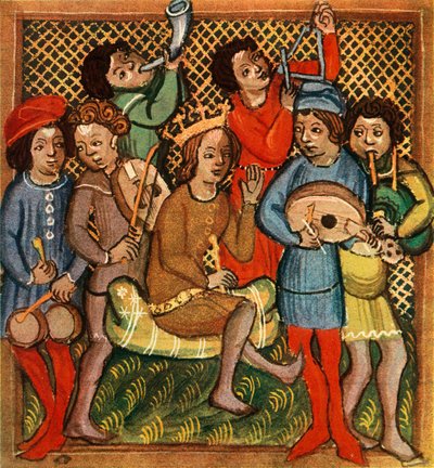 Małe bębny, skrzypce, róg, trójkątna lutnia i dudy, Biblia Ołomuniecka, 1417, 1948 autorstwa Unbekannt