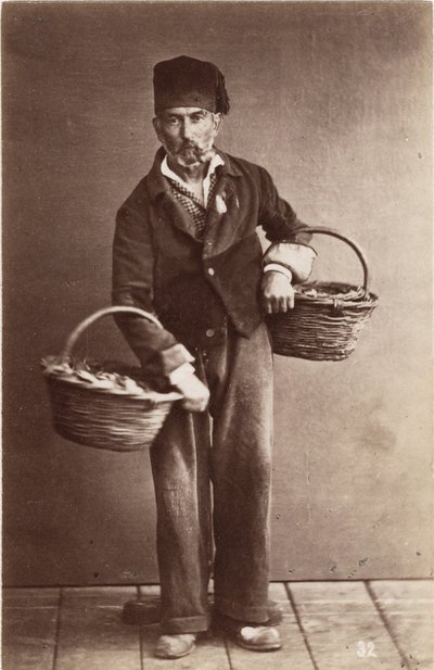 Małe metiery: portret handlarza rybami, kosze pełne ryb. XIX wiek Druk na kartonie Wym. 6x9,3 cm autorstwa Unbekannt
