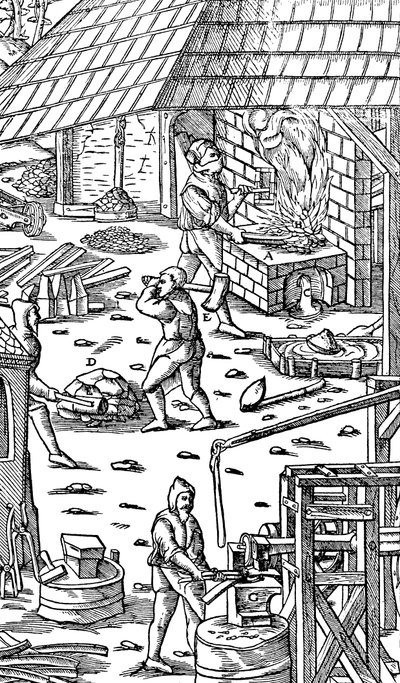 Wytop żelaza i kucie prętów młotkiem mechanicznym, 1556 autorstwa Unbekannt