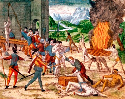 Hiszpańscy konkwistadorzy torturują amerykańskich Indian, 1539-1542 autorstwa Unbekannt