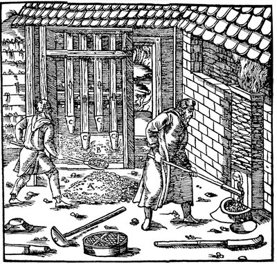 Tłoczenie i prażenie rudy w celu wydobycia metalu, 1556 autorstwa Unbekannt