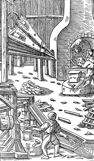 Produkcja stali: kuźnia z miechami do wytwarzania ciągu, 1556 autorstwa Unbekannt