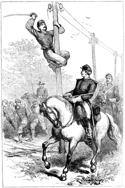 Kawaleria Stuartów przecinająca przewody telegraficzne, wojna secesyjna, c1861-1864 c1880 autorstwa Unbekannt