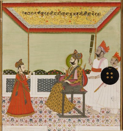Surat Singh zasiada na tronie z lwami i przyjmuje swojego młodego syna, ok. 1800 autorstwa Unbekannt