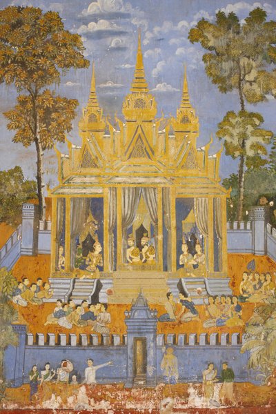 Pagoda Sylvera Ten mural przedstawia sceny z Reamkera, który jest kambodżańską lub khmerską wersją klasycznego hinduskiego poematu Ramajana, Phnom Penh, Kambodża autorstwa Unbekannt