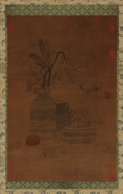 Gobelin: miska, dwa słoiki, kwiaty i owoce, prawdopodobnie dynastia Ming, 1368-1644. autorstwa Unbekannt
