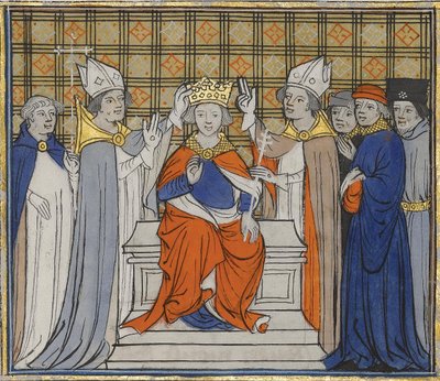 Namaszczenie i koronacja Ludwika IV w Laon, 19 czerwca 936. Z Grandes Chroniques de France, 15 autorstwa Unbekannt