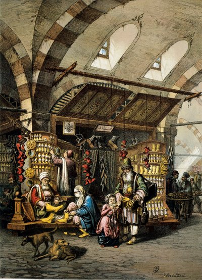 Bazar (suk) Konstantynopola, kolorowa litografia autorstwa Unbekannt