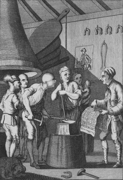 Kowal pozwala, by jego żelazo ostygło, biorąc udział w Taylors News, 1772 autorstwa Unbekannt
