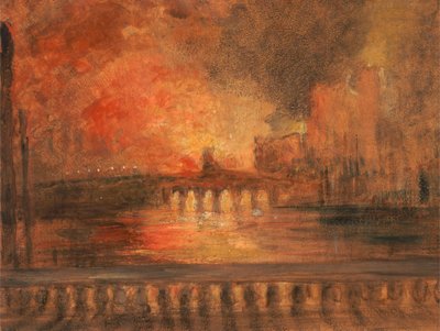 Spalenie izb parlamentu, pożar w Izbie Gmin, ca. 1834. autorstwa Unbekannt