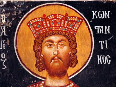 Fresk bizantyjski z XV wieku (Szczegół): Malowidło ścienne cesarza Konstantyna Kościół Michała Archanioła w Pedoulas Cypr Malowane kościoły UNESCO Troodos, Cypr autorstwa Unbekannt