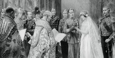 Książę Yorku umieszczający pierścień na palcu Lady Elizabeth Bowes-Lyons, 26 kwietnia 1923, 1937 autorstwa Unbekannt