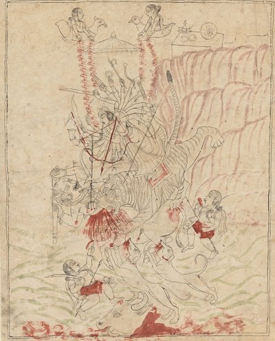 Bogini Durga zabijająca demona bawołów, Mahisha Mahishasur Mardini, Ka. 1760. autorstwa Unbekannt
